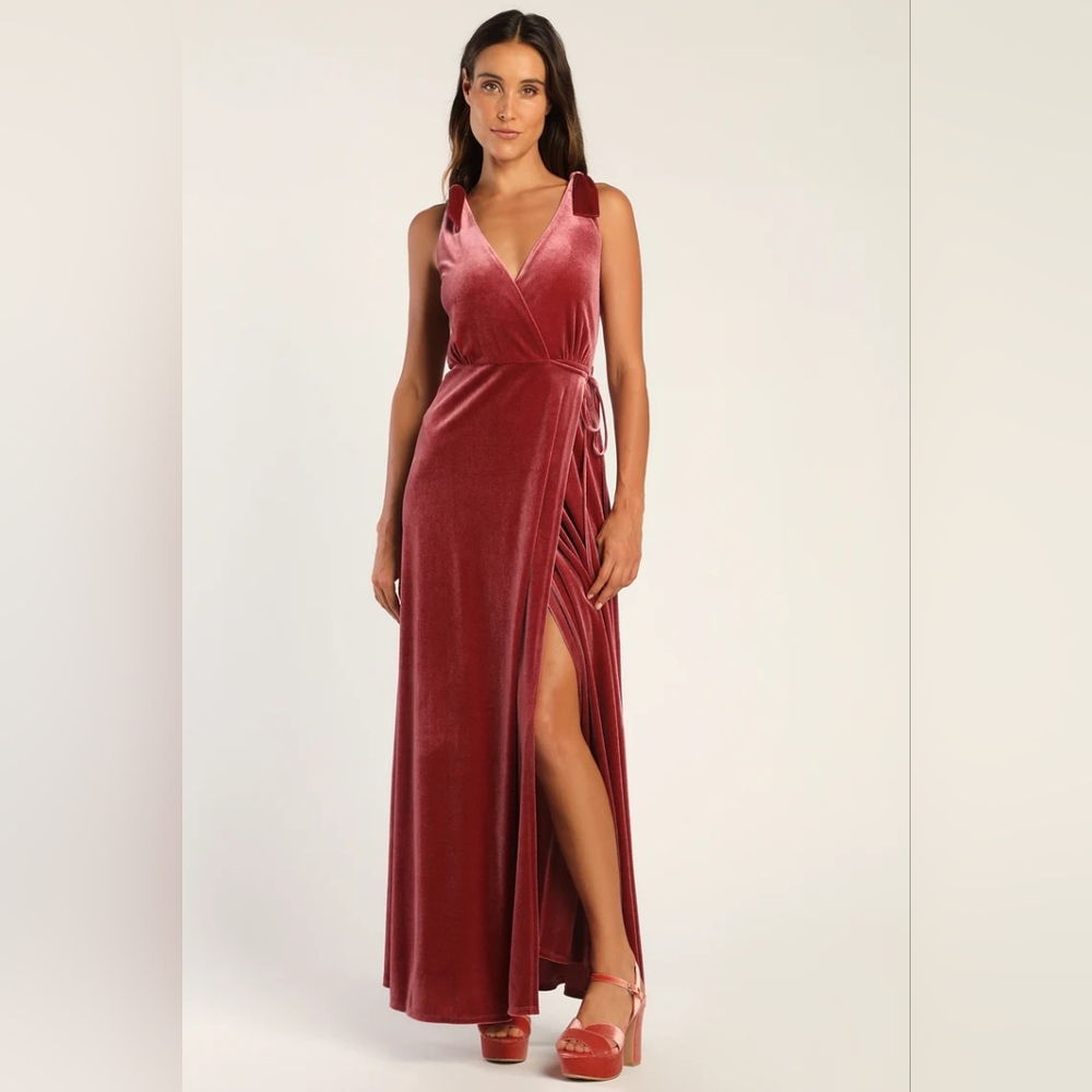 NWT Lulu's Certainly Stunning Dusty Rose Velvet Tie-Strap Wrap Maxi Dress